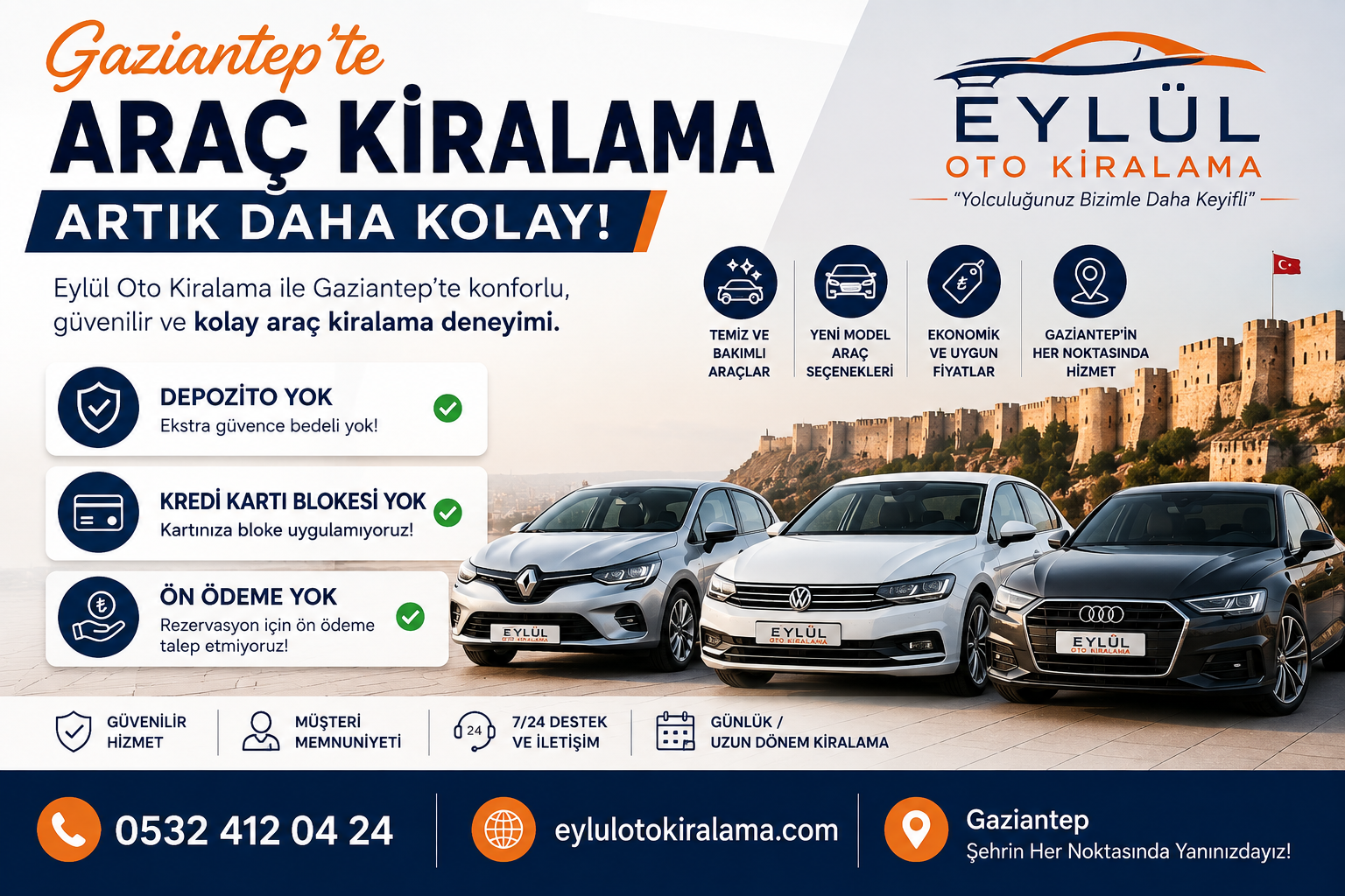 Gaziantep Araç Kiralama Depozito Yok Bloke Yok Ön Ödeme Yok